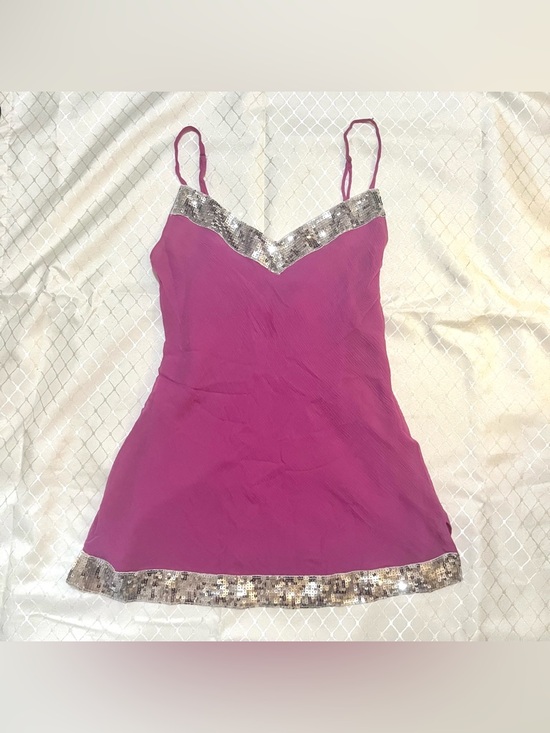 SilkLand Tops - Y2K SilkLand Pink & Silver Sequin Silk Cami Tank Top Blouse Shirt